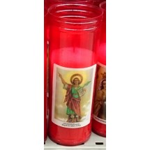 Canaryceras | Velon el Faro Forro Kerze im rot-transparenten Glas Trauerkerze groß mit christlichem Motiv (Teneriffa)